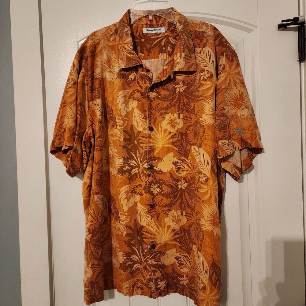 Tommy Bahama Hawaiian Shirt Mens XL Orange Brown Floral Camp Tropical Button Up